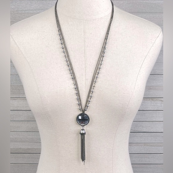 Multi Strand Gunmetal Gray Necklace w Large Tassled Pendant Adjustable Length - Picture 2 of 5